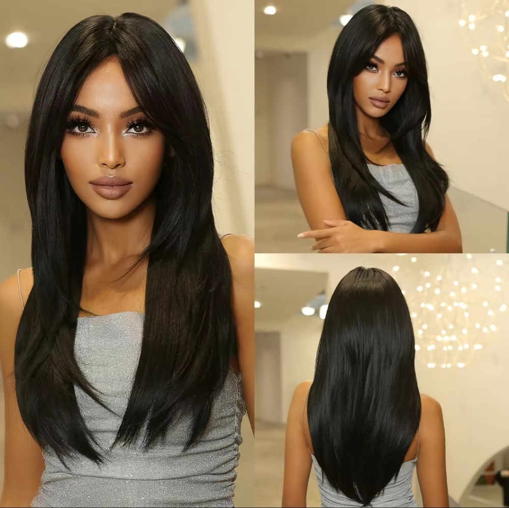 Dark Black Layered High-Quality Synthetic Long Straight Wig